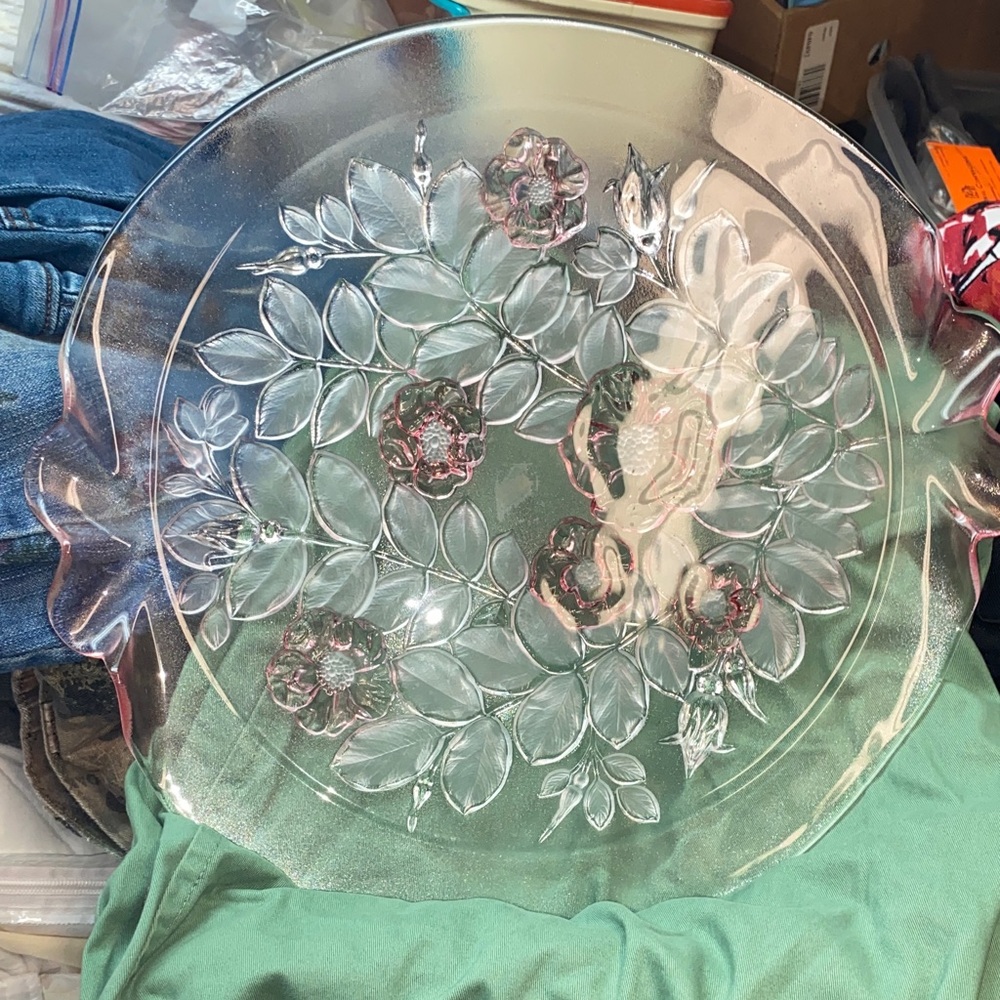 Mikarose Clear Floral Pressed Glass Serving Platter with Pink Highlights